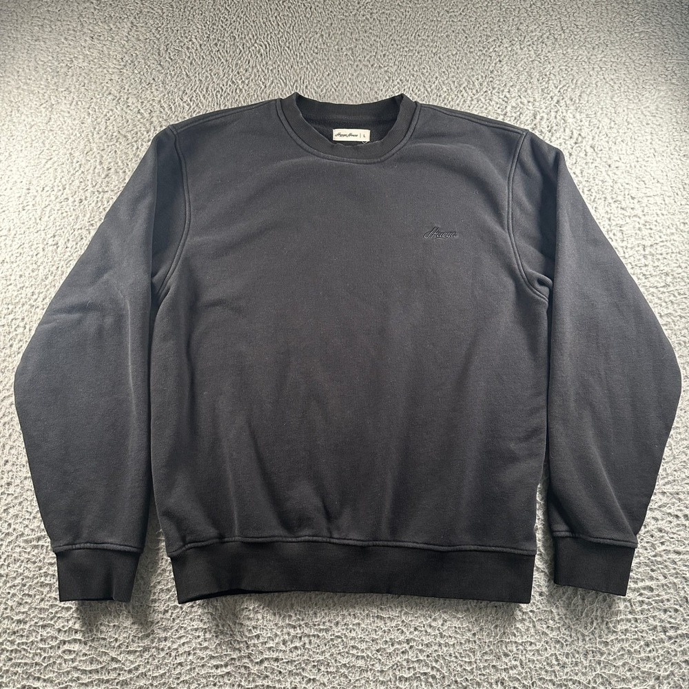 Huega House Sweatshirt Mens L Black Crewneck Embroidered Logo Pullover Fleece